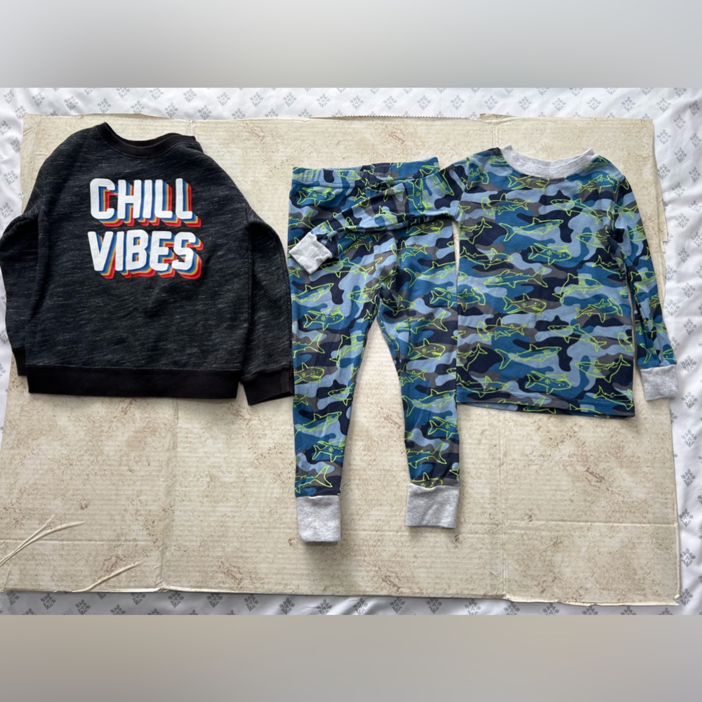 Toddler boy, size 3T bundle includes shark PJs, and a sweater.